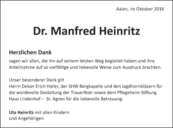 Traueranzeige von Manfred Heinritz von Schwäbische Post