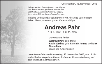 Traueranzeige von Andreas Pahr von Schwäbische Post
