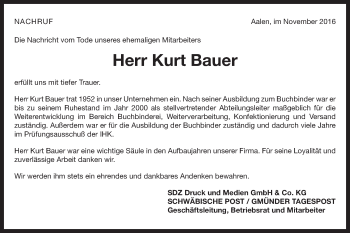 Traueranzeige von Kurt Bauer von Schwäbische Post