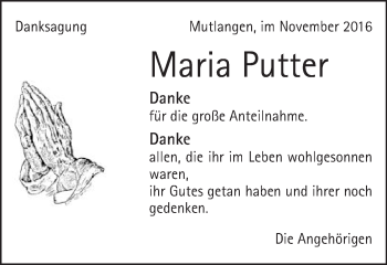 Traueranzeige von Maria Putter von Gmünder Tagespost