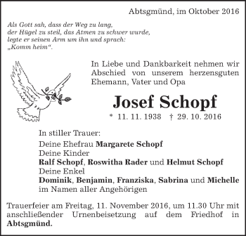 Traueranzeige von Josef Schopf von Schwäbische Post