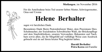 Traueranzeige von Helene Berhalter von Gmünder Tagespost