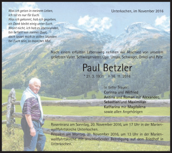 Traueranzeige von Paul Betzler von Schwäbische Post