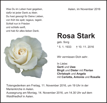 Traueranzeige von Rosa Stark von Schwäbische Post