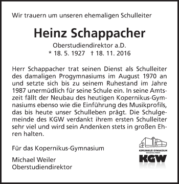 Traueranzeige von Heinz Schappacher von Schwäbische Post