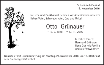 Traueranzeige von Otto Grünauer von Gmünder Tagespost