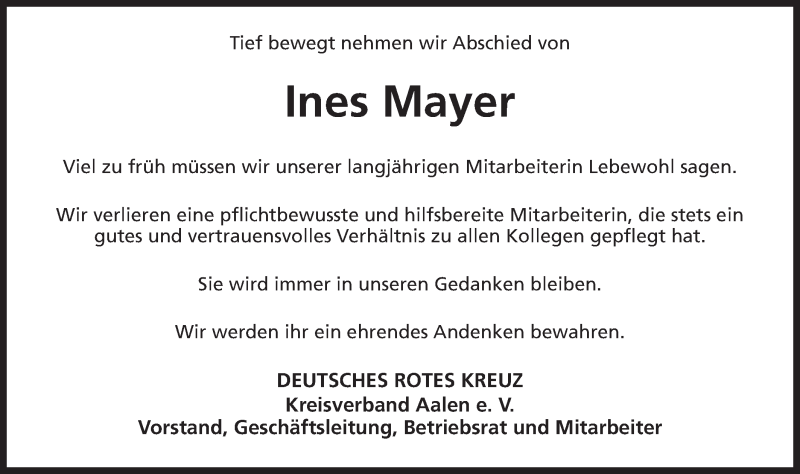  Traueranzeige für Ines Mayer vom 15.11.2016 aus Schwäbische Post