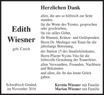 Traueranzeige von Edith Wiesner von Gmünder Tagespost