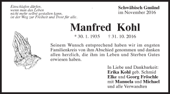 Traueranzeige von Manfred Kohl von Gmünder Tagespost