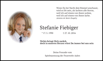 Traueranzeige von Stefanie Fiebiger von Schwäbische Post
