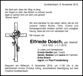 Traueranzeige von Elfriede Dosch von Gmünder Tagespost
