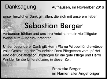 Traueranzeige von Sebastian Berger von Schwäbische Post