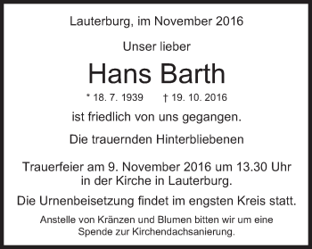 Traueranzeige von Hans Barth von Schwäbische Post
