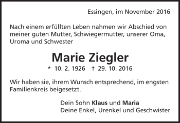 Traueranzeige von Marie Ziegler von Schwäbische Post