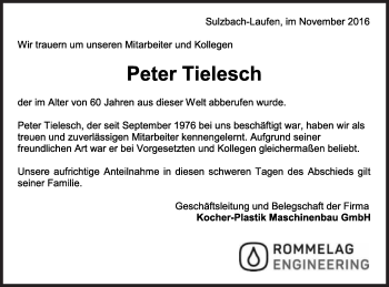 Traueranzeige von Peter Tielesch von Gmünder Tagespost