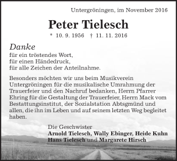 Traueranzeige von Peter Tielesch von Kocher-Lein-Bote