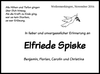 Traueranzeige von Elfriede Spiske von Schwäbische Post