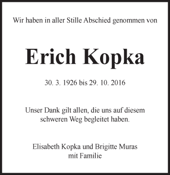 Traueranzeige von Erich Kopka von Schwäbische Post