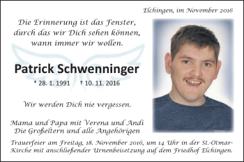 Traueranzeige von Patrick Schwenninger von Schwäbische Post