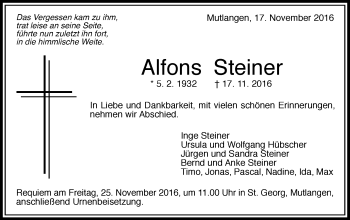 Traueranzeige von Alfons Steiner von Gmünder Tagespost