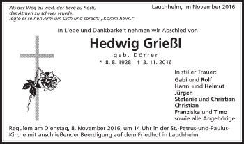 Traueranzeige von Hedwig Grießl von Schwäbische Post