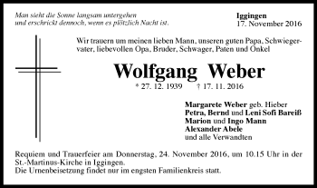 Traueranzeige von Wolfgang Weber von Gmünder Tagespost