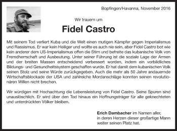 Traueranzeige von Fidel Castro von Schwäbische Post
