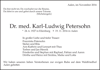 Traueranzeige von Karl-Ludwig Petersohn von Schwäbische Post