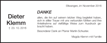 Traueranzeige von Dieter Klemm von Schwäbische Post