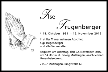 Traueranzeige von Ilse Trugenberger von Gmünder Tagespost