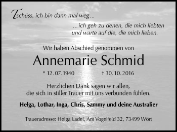 Traueranzeige von Annemarie Schmid von Schwäbische Post