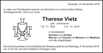 Traueranzeige von Therese Vietz von Schwäbische Post
