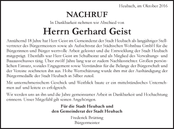 Traueranzeige von Gerhard Geist von Gmünder Tagespost