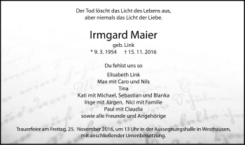 Traueranzeige von Irmgard Maier von Schwäbische Post