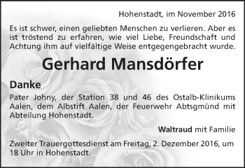 Traueranzeige von Gerhard Mansdörfer von Schwäbische Post