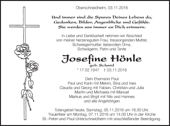 Traueranzeige von Josefine Hönle von Schwäbische Post