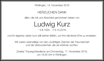 Traueranzeige von Ludwig Kurz von Schwäbische Post