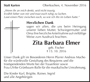 Traueranzeige von Zita Barbara Elmer von Amtsblatt_Oko