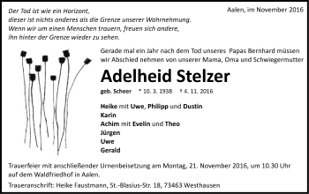 Traueranzeige von Adelheid Stelzer von Schwäbische Post