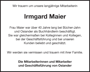 Traueranzeige von Irmgard Maier von Schwäbische Post