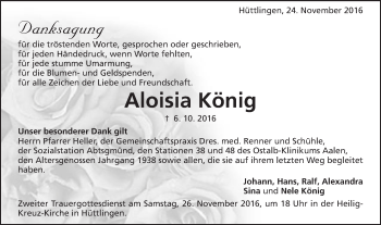 Traueranzeige von Aloisia König von Schwäbische Post