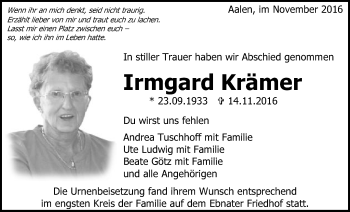 Traueranzeige von Irmgard Krämer von Schwäbische Post
