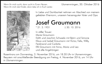 Traueranzeige von Josef Graumann von Schwäbische Post