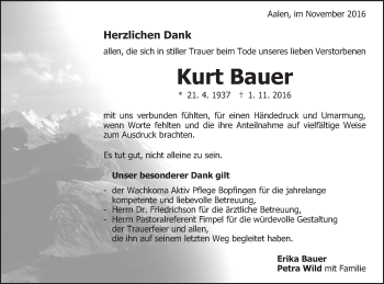 Traueranzeige von Kurt Bauer von Schwäbische Post