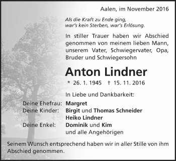 Traueranzeige von Anton Lindner von Schwäbische Post