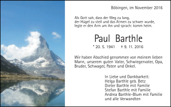 Traueranzeige von Paul Barthle von Gmünder Tagespost