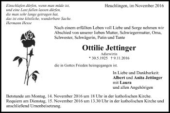 Traueranzeige von Ottilie Jettinger von Gmünder Tagespost