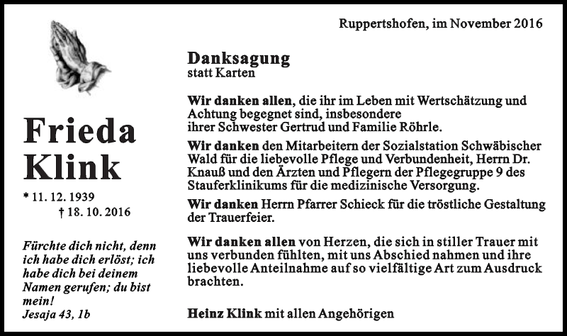  Traueranzeige für Frieda Klink vom 02.11.2016 aus Gmünder Tagespost