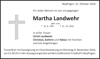 Traueranzeige von Martha Landwehr von Schwäbische Post
