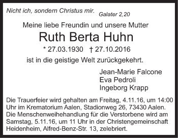 Traueranzeige von Ruth Berta Huhn von Schwäbische Post